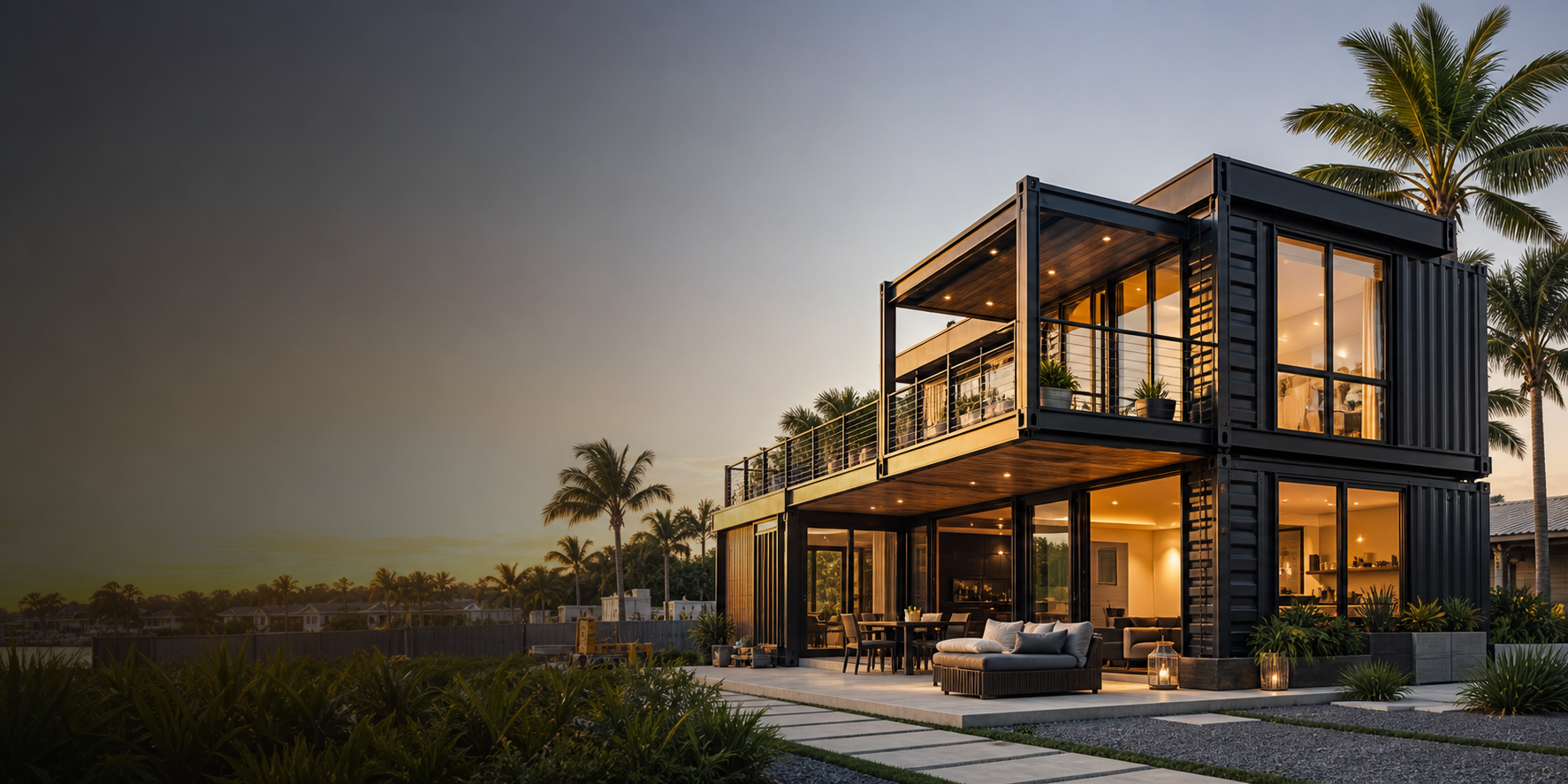 Modern two-story modular container home with warm lighting and tropical landscaping